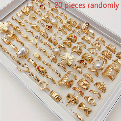 20pcs Women's Ring Set Gold Flower Hollow Heart Colorful Rhinestone Stackable Vintage Party Rings Mixed Lot Gift