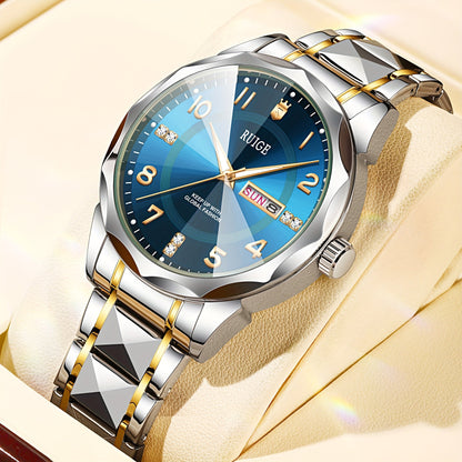 RUIGE Men's Fashion Quartz Watch – Night Light, Dual Calendar, Diamond Shaped Mirror Dial, Stainless Steel Case, Alloy Strap, Business Casual Wristwatch, Perfect Father's Day Gift for Men