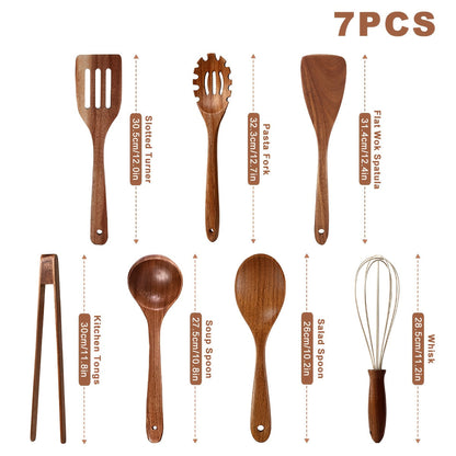 Wooden Kitchen Utensils Set 3/5/7 Piece, Natural Wood Spoons Spatulas Spurtle Ladle & Wok Spatula with Ergonomic Handles, Heat-Resistant Non-Stick Safe Heavy-Duty Cooking Tools for Home Kitchen