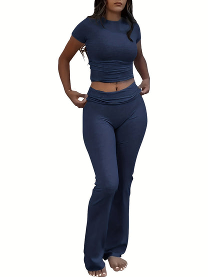 Women's Two-Piece Outfit Set - Slim Fit Short Sleeve Crew Neck T-Shirt & Skinny Flared Leg Pants, Casual Solid Color Matching Loungewear Tracksuit for Everyday Streetwear, Sizes XS-XL