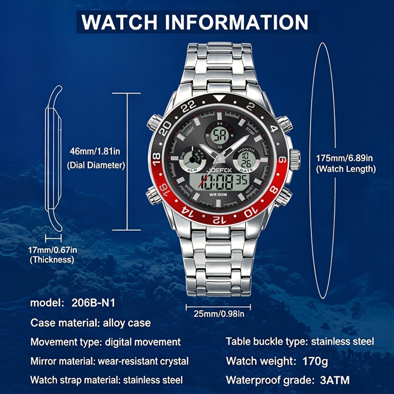 Men's Vintage Business Chronograph Watch with Steel Band – Dual Movement Waterproof Wristwatch with Band Adjustment Tool Father's Day Birthday Gift for Men
