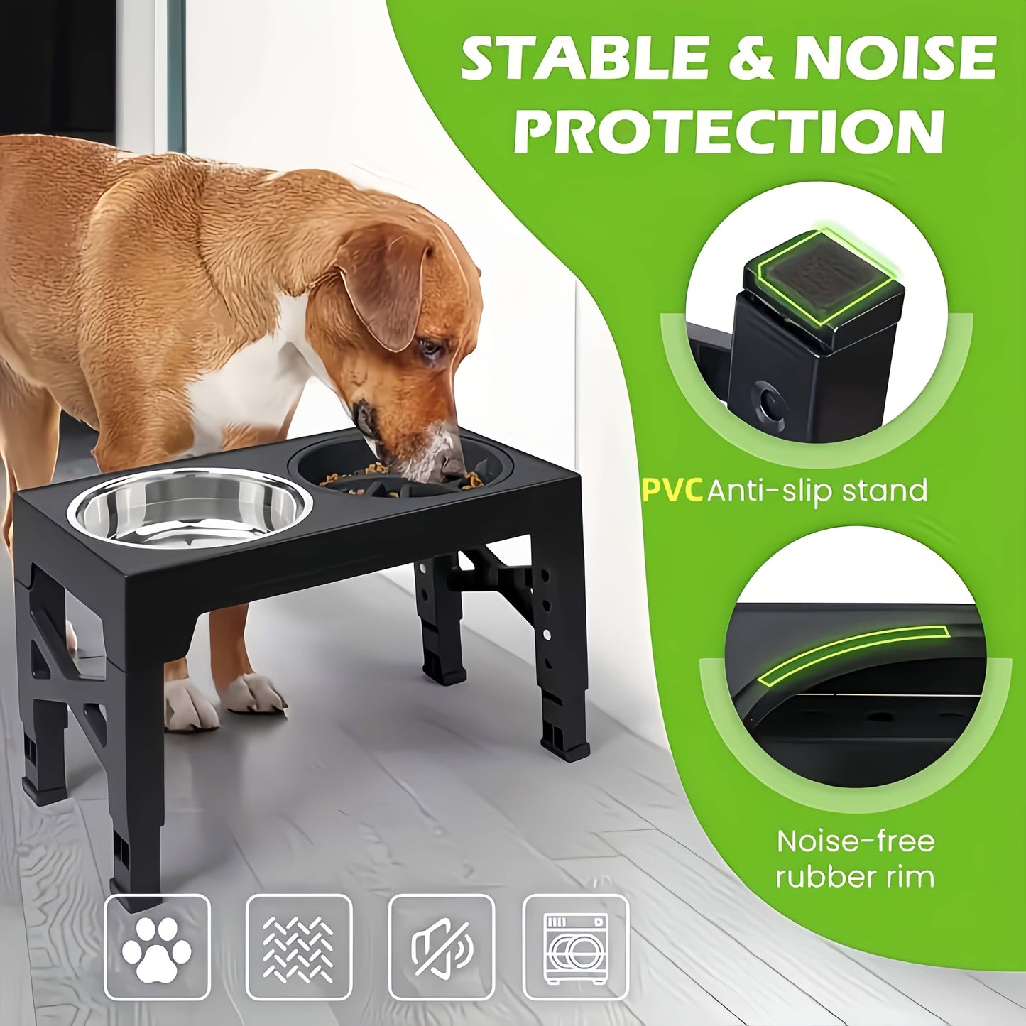 Height Adjustable Dog Bowl Stand with Slow Feeder & Stainless Steel Bowl – 5-Level Foldable Elevated Dog Food Bowl for Medium Large Dogs and Cats, Black & Pink