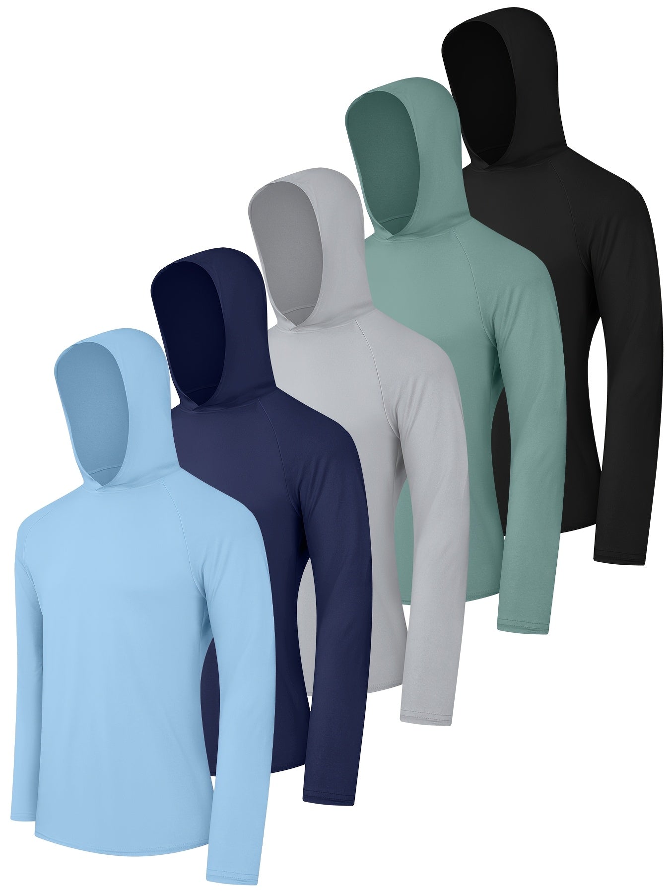 5 Pack Men's Long Sleeve Fishing Shirts with Hood – Lightweight Athletic Rash Guards, UPF Sun Protection Hoodies for Fishing, Hiking & Outdoor Sports, Sizes S-XXL, 3 Color Sets