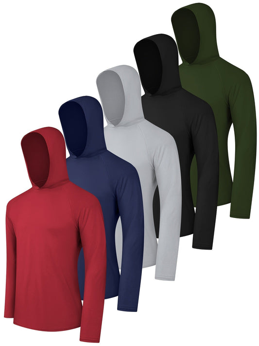 5 Pack Men's Long Sleeve Fishing Shirts with Hood – Lightweight Athletic Rash Guards, UPF Sun Protection Hoodies for Fishing, Hiking & Outdoor Sports, Sizes S-XXL, 3 Color Sets