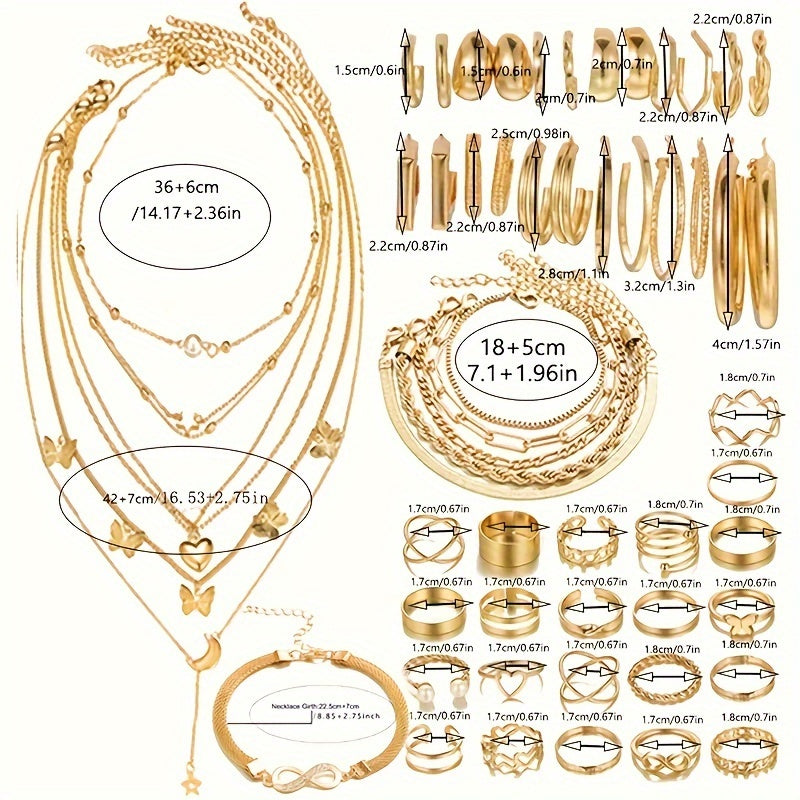 57-Piece Boho Jewelry Set for Women - Bracelets Rings Anklets Earrings Necklaces Gold Silver Elegant Layering Accessories for Daily Wear Vacation Beach Festival & Gift