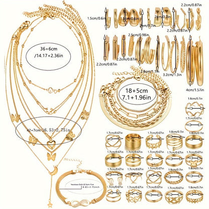 57-Piece Boho Jewelry Set for Women - Bracelets Rings Anklets Earrings Necklaces Gold Silver Elegant Layering Accessories for Daily Wear Vacation Beach Festival & Gift