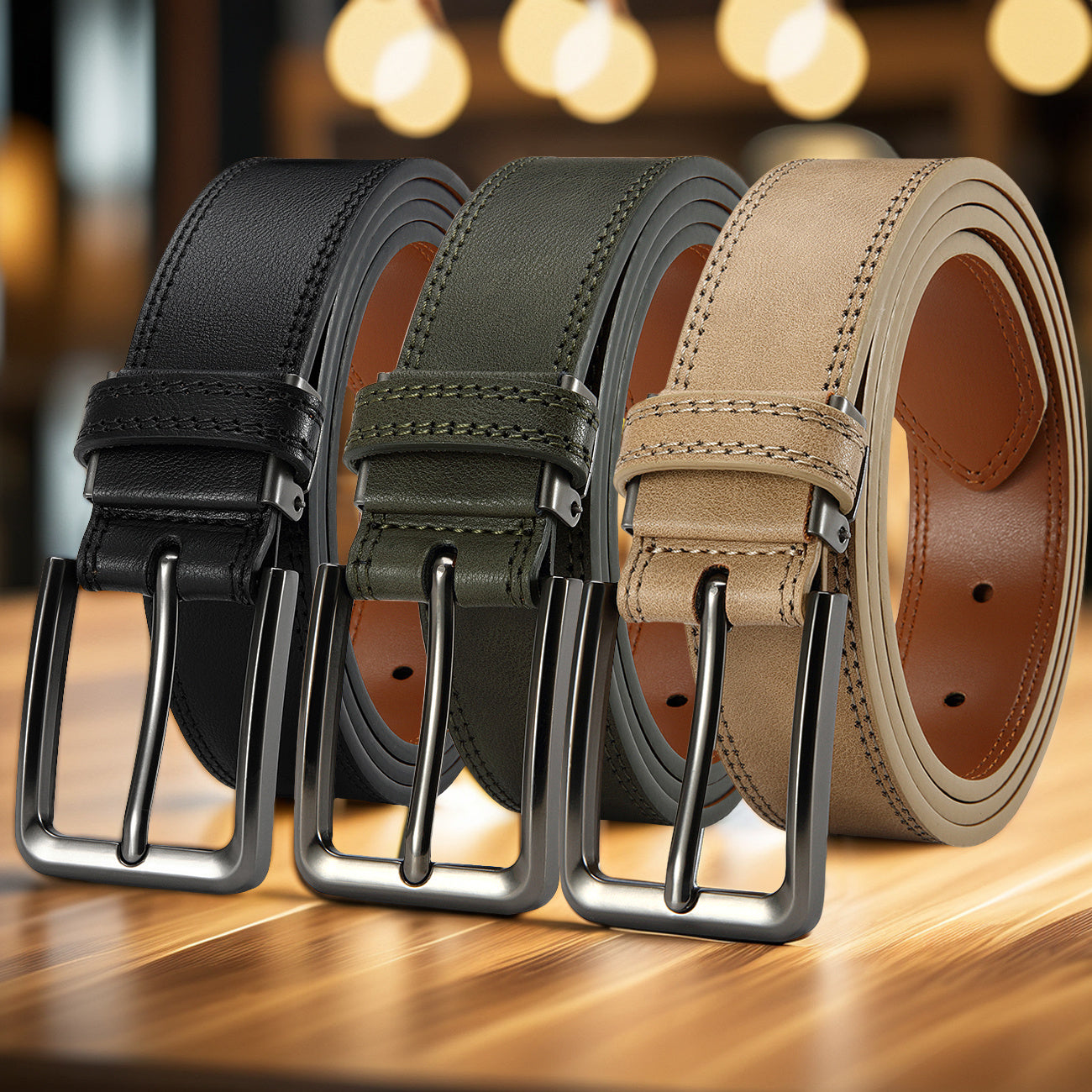 3pcs Men's Genuine Leather Belt Set with Pin Buckle – Classic Vintage Cowhide Adjustable Jean Belts for Men, Multiple Colors & Sizes
