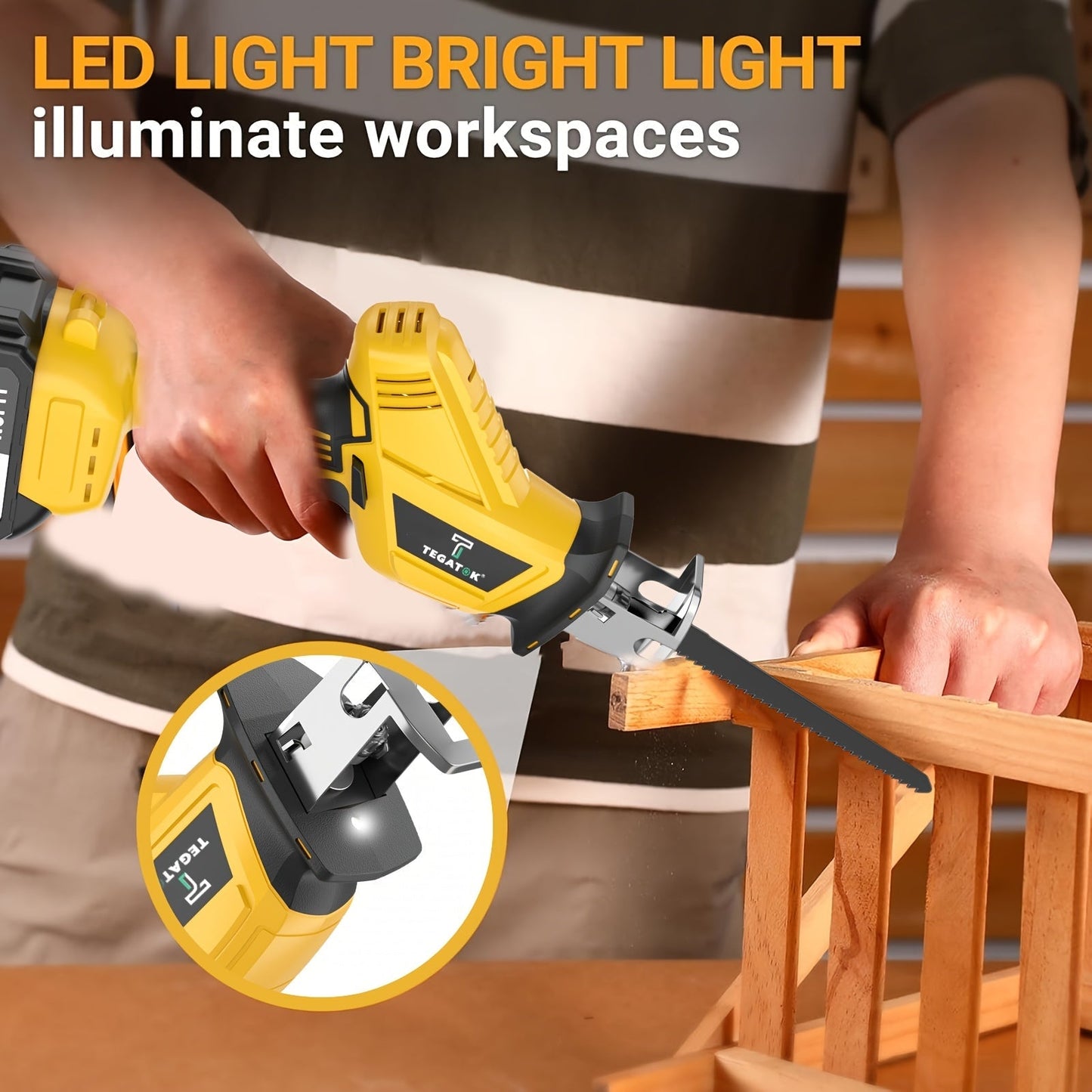 Cordless Reciprocating Saw with LED Light & Safety Lock | Electric Handsaw for Multi-Purpose Cutting, Replaceable Blades, Toolbox Included – 1 or 2 Battery Options, Yellow/Green/Red