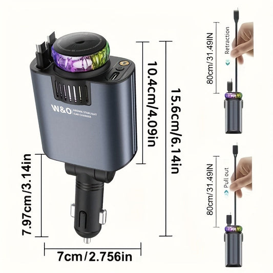 3-in-1 Car Charger Air Freshener & Starry Sky Ceiling Light – Dual Retractable Type-C & Lightning Cable 80cm, Aromatherapy Diffuser for iPhone 16/15 Samsung S25/S24, Car Interior Upgrade Gift