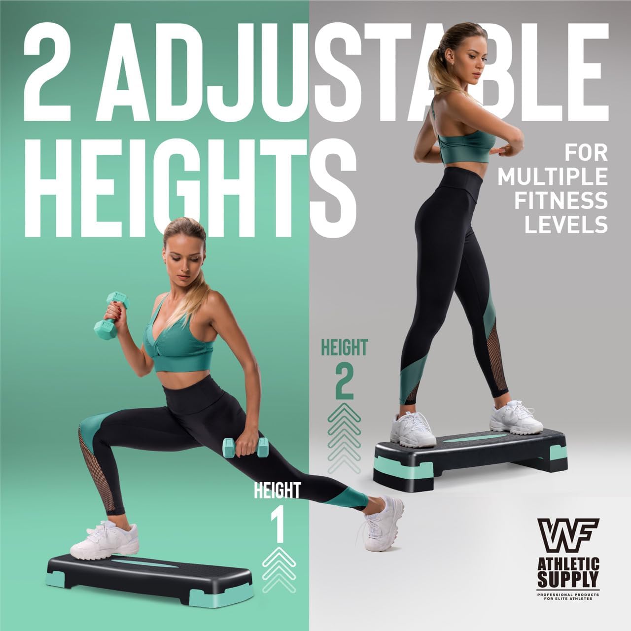 Adjustable Height Aerobic Stepper Set with 2 Dumbbells & Measuring Tape – Home Workout Exercise Step Platform with Level Risers, Non-Slip, 550 LB Capacity, 3 Colors Blue Green Pink