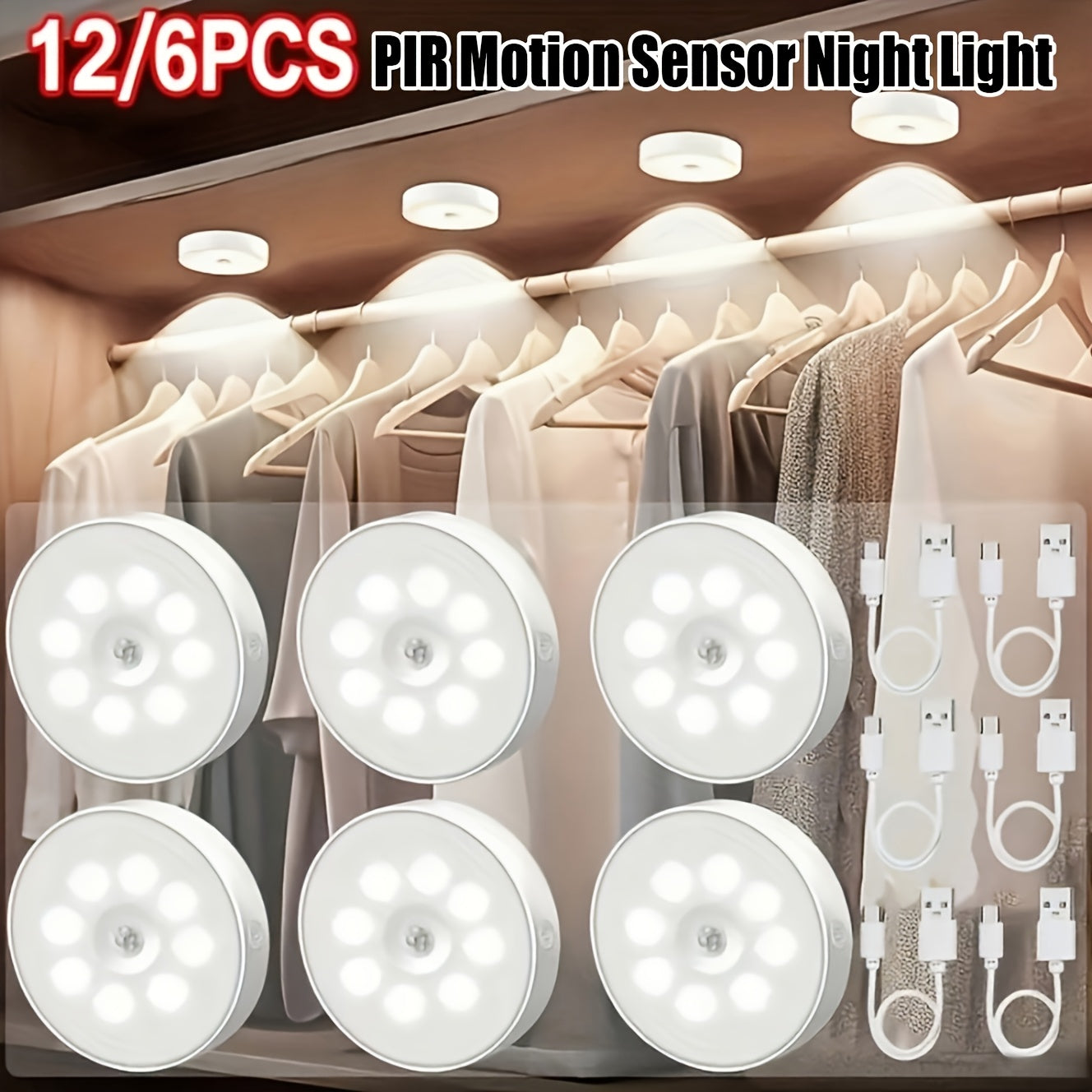 LED Motion Sensor Night Lights USB Rechargeable Wireless Dual Mode Adjustable Brightness Magnetic Mount – Under Cabinet Kitchen Hallway Stairs Closet 6 or 12 Pack