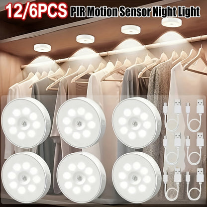 LED Motion Sensor Night Lights USB Rechargeable Wireless Dual Mode Adjustable Brightness Magnetic Mount – Under Cabinet Kitchen Hallway Stairs Closet 6 or 12 Pack