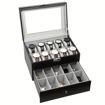 20 Slot Watch Box Organizer Double Layer with Solid Glass Cover Velvet Pillow Lining Watch Display Case for Collection and Storage Men Women Watch Collector Gift in Brown Black and Gray