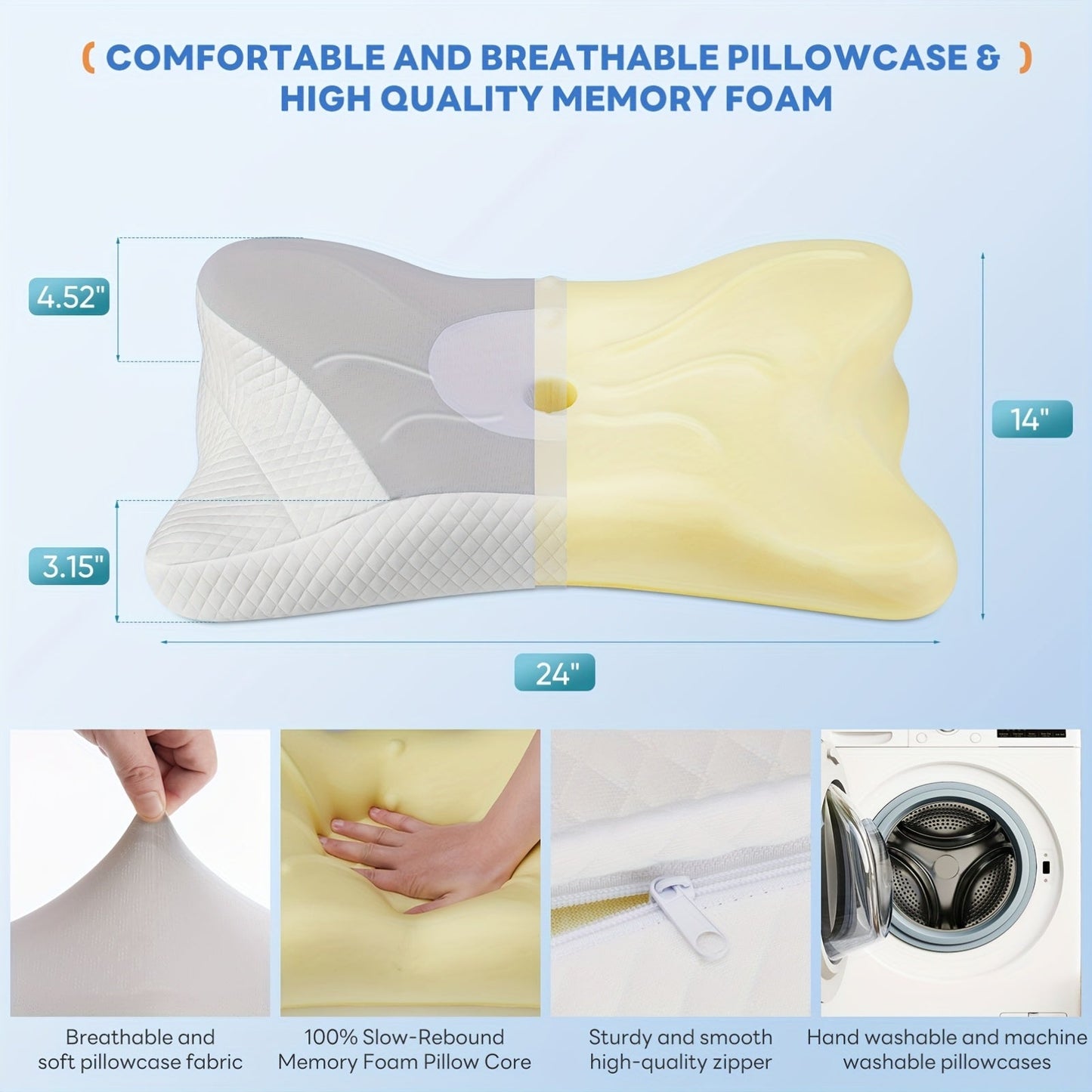 Cervical Neck Pillow Memory Foam Ergonomic Contour Pillow for Neck Pain Relief, Cooling Pillowcase Included, Orthopedic Bed Pillow for Side Back Stomach Sleepers, Shoulder & Spine Support Sleep Pillow