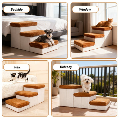 3-Tier Foldable Dog Stairs for Small Dogs – Non-Slip Nylon Pet Ramp for High Beds & Sofas, Compact Foldable Design, Brown & White, Includes Bonus Chicken Leg Plush Toy