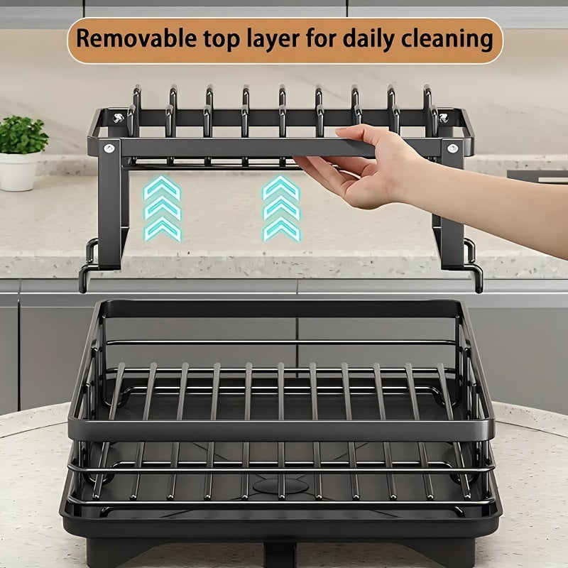 2-Tier Dish Drying Rack for Kitchen Counter with Drainboard Drain Mat Knife Fork Cup Holder Utensil Organizer Dish Drainer Kitchen Gadget Gift for Women Mother's Day