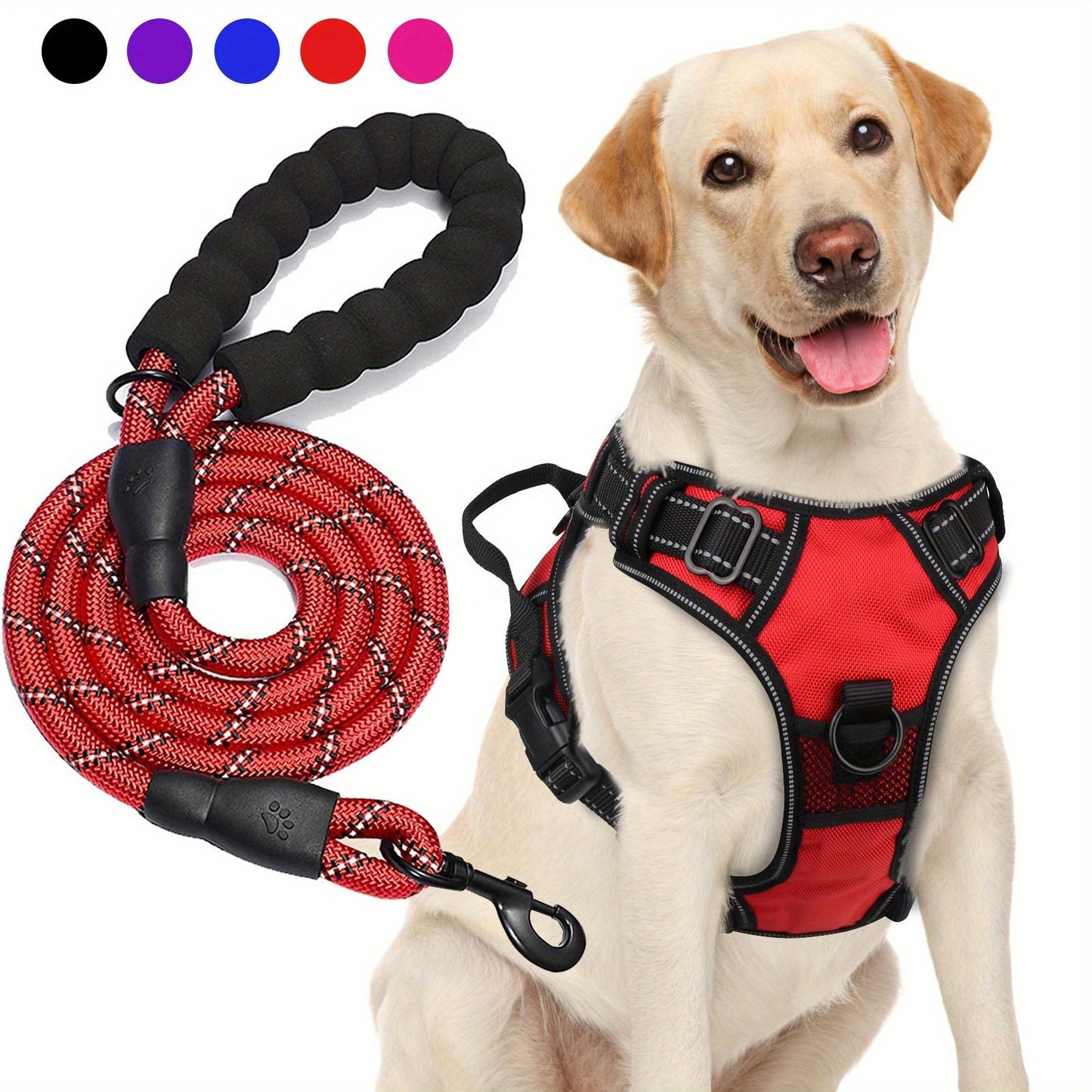 No Pull Dog Harness and Leash Set – Adjustable Reflective Oxford Vest Harness with 5-Foot Padded Handle Rope for Medium to Large Dogs, Quick-Release Buckles, Sizes S-XL, 5 Colors