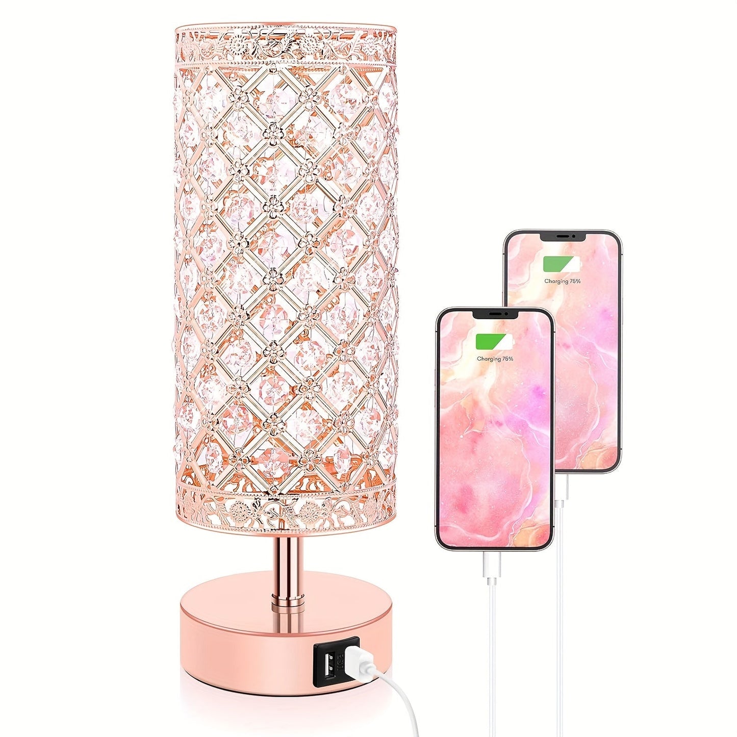 Crystal Touch Table Lamp 3-Way Dimmable with 2 USB Charging Ports LED Bulb Included Decorative Bedside Nightstand Light for Bedroom Living Room Office – Antique Bronze Rose Gold Silver