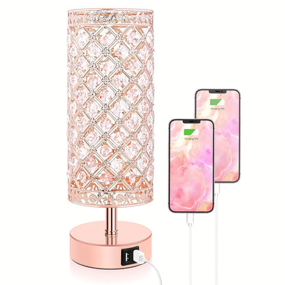 Crystal Touch Table Lamp 3-Way Dimmable with 2 USB Charging Ports LED Bulb Included Decorative Bedside Nightstand Light for Bedroom Living Room Office – Antique Bronze Rose Gold Silver