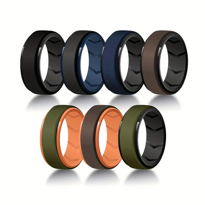 Silicone Wedding Rings for Men 7 Pack - 8mm Wide Breathable Step Edge Sport Bands, Flexible Workout Fitness Ring Set, Durable Multi-Color Active Lifestyle Jewelry, Sizes 7-15