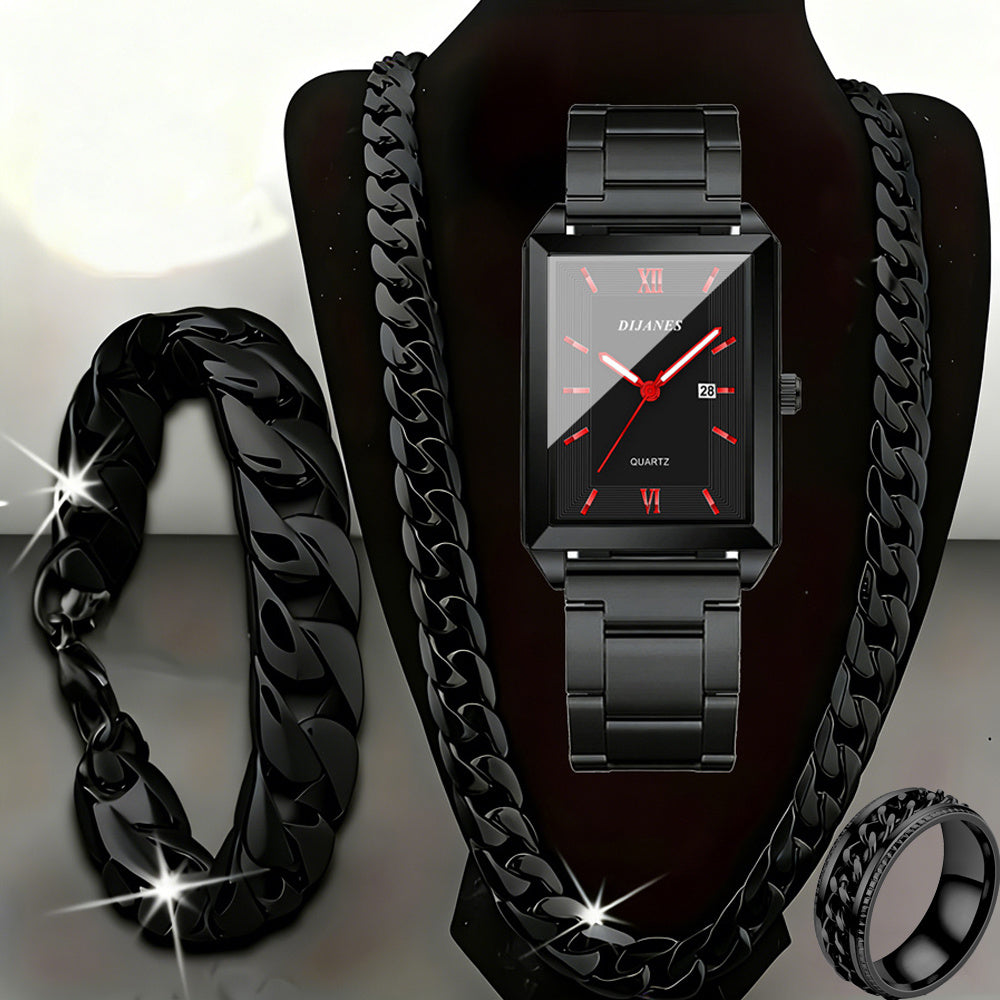 4pcs Men's Watch and Jewelry Set – Quartz Watch with Necklace Bracelet Ring, Business Casual Date Display, Luxury Gift Set for Men in Black Silver Gold