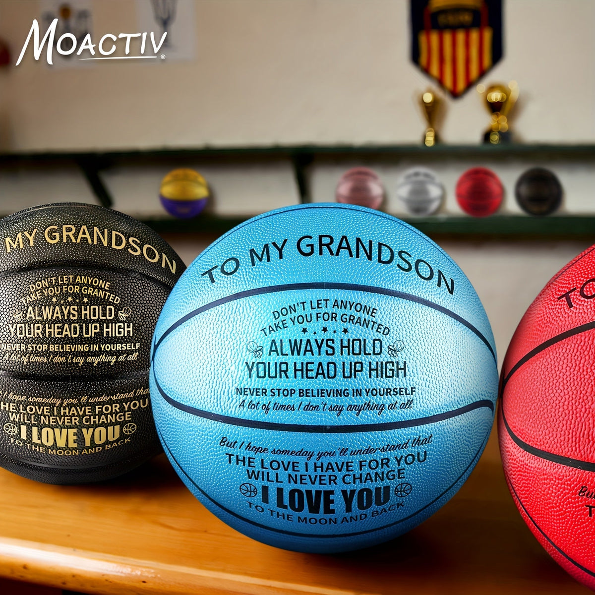 Engraved Basketball for Grandson & Son – Personalized Inspirational Size 7 Basketball with Pump, Motivational Gift for Birthday Christmas Anniversary, Blue Red Gold Black