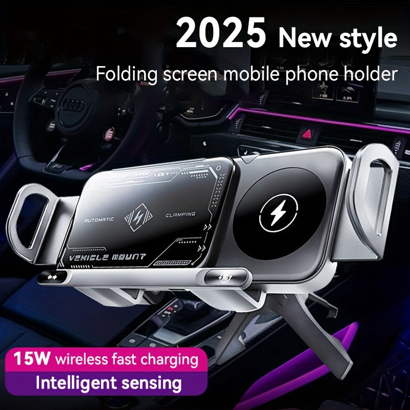 Car Mount with Wireless Fast Charging 15W - Compatible with iPhone 8 to 15 Series, Samsung Galaxy S and Note Series, Fold 5 and Fold 6, Supports Folding Screen Smartphones, USB Powered Dashboard Phone Holder