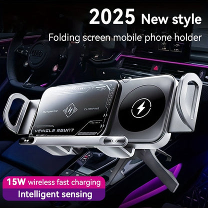 Car Mount with Wireless Fast Charging 15W - Compatible with iPhone 8 to 15 Series, Samsung Galaxy S and Note Series, Fold 5 and Fold 6, Supports Folding Screen Smartphones, USB Powered Dashboard Phone Holder