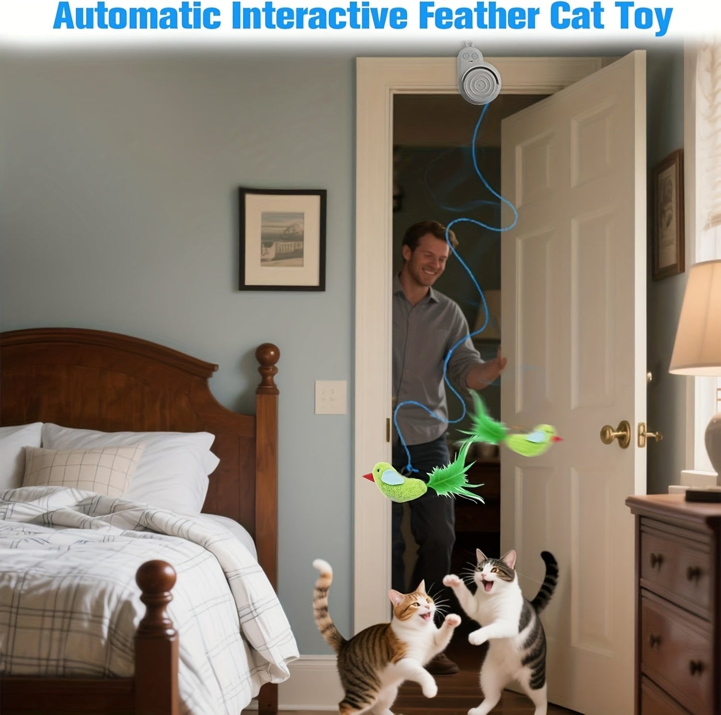 Interactive Cat Toy for Indoor Cats – Automatic Electric Flying Bird Feather Stick-On Hanging Self-Play Kitten & Adult Cat Enrichment Toy for Bored Cats, White Blue Grey