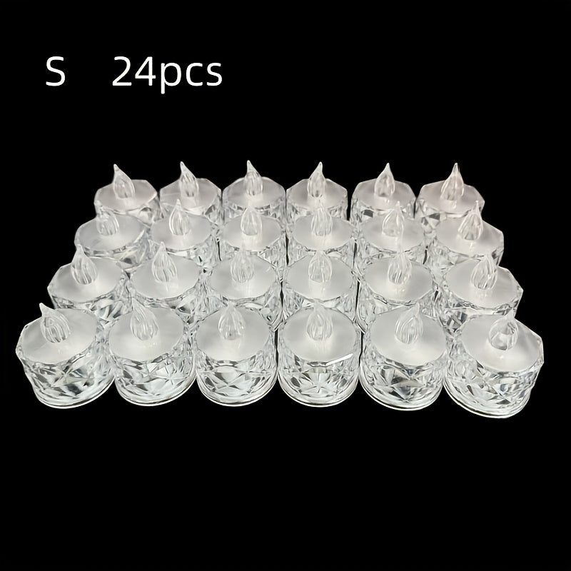 24pcs Crystal Pattern LED Flameless Candle Lights Battery Operated – Flickering Tea Light Set for Indoor Tabletop, Birthday, Wedding, Party & Festival Decoration – Safe Fireless Electronic Candles