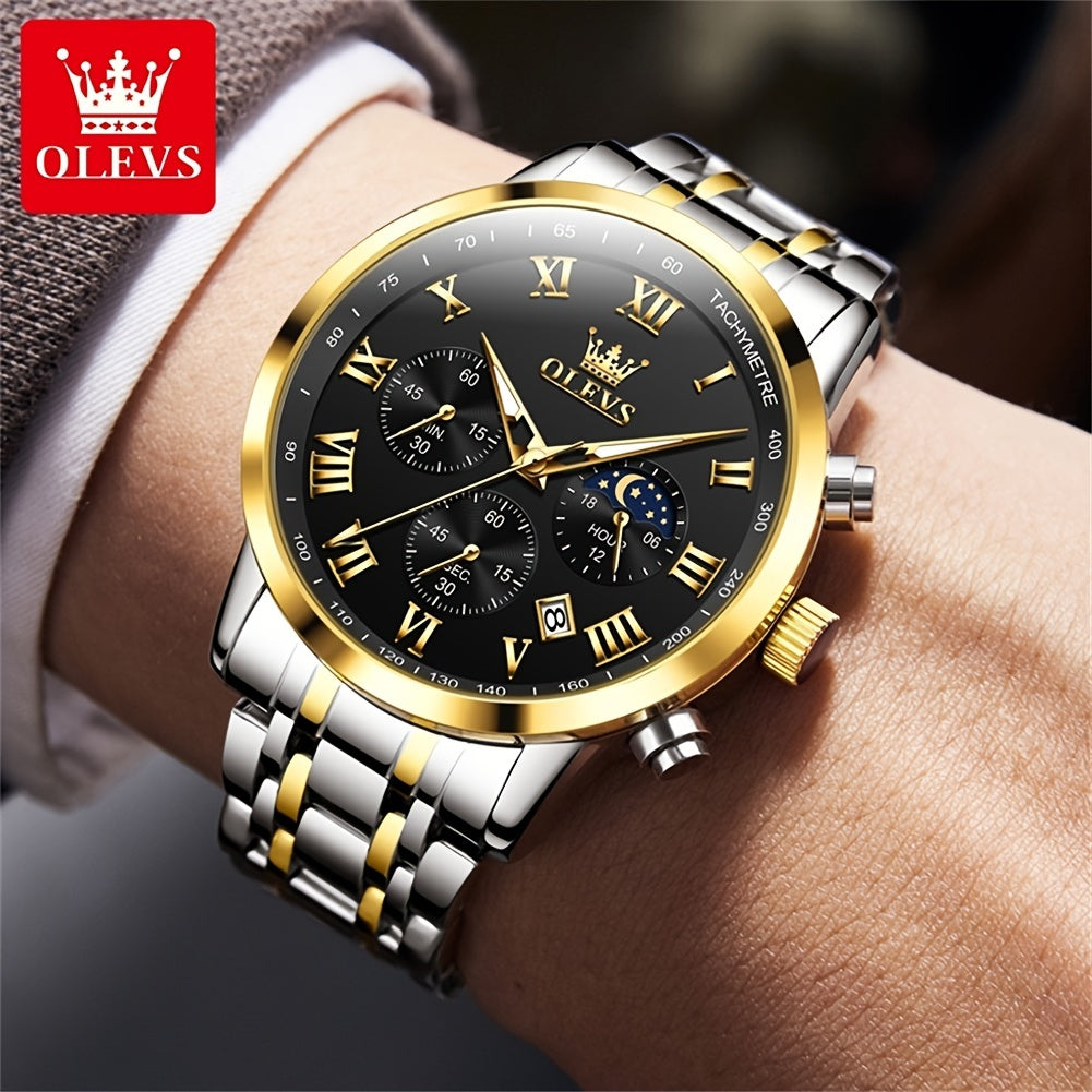 OLEVS Men's Luxury Stainless Steel Watch – Chronograph, Roman Numerals, Moon Phase Display, Luminous Analog Quartz Dress Watch for Men, 8 Color Options, Perfect Business & Gift Watch