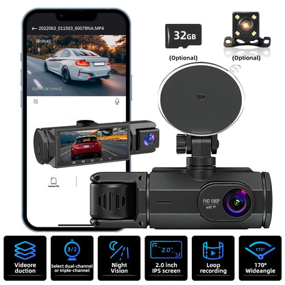 WiFi Dash Camera 2/3 Lens 170° Wide Angle Night Vision Loop Recording G-Sensor 2.0" IPS Screen with 32GB Memory Card - Front Rear Car Camera