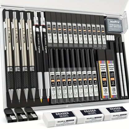 34-Piece Art Mechanical Pencil Set with Case 6 Metal Drafting Pencils 0.5mm 0.7mm 0.9mm 2mm Lead Tips 19 Refill Leads Erasers for Sketching Drawing Artists