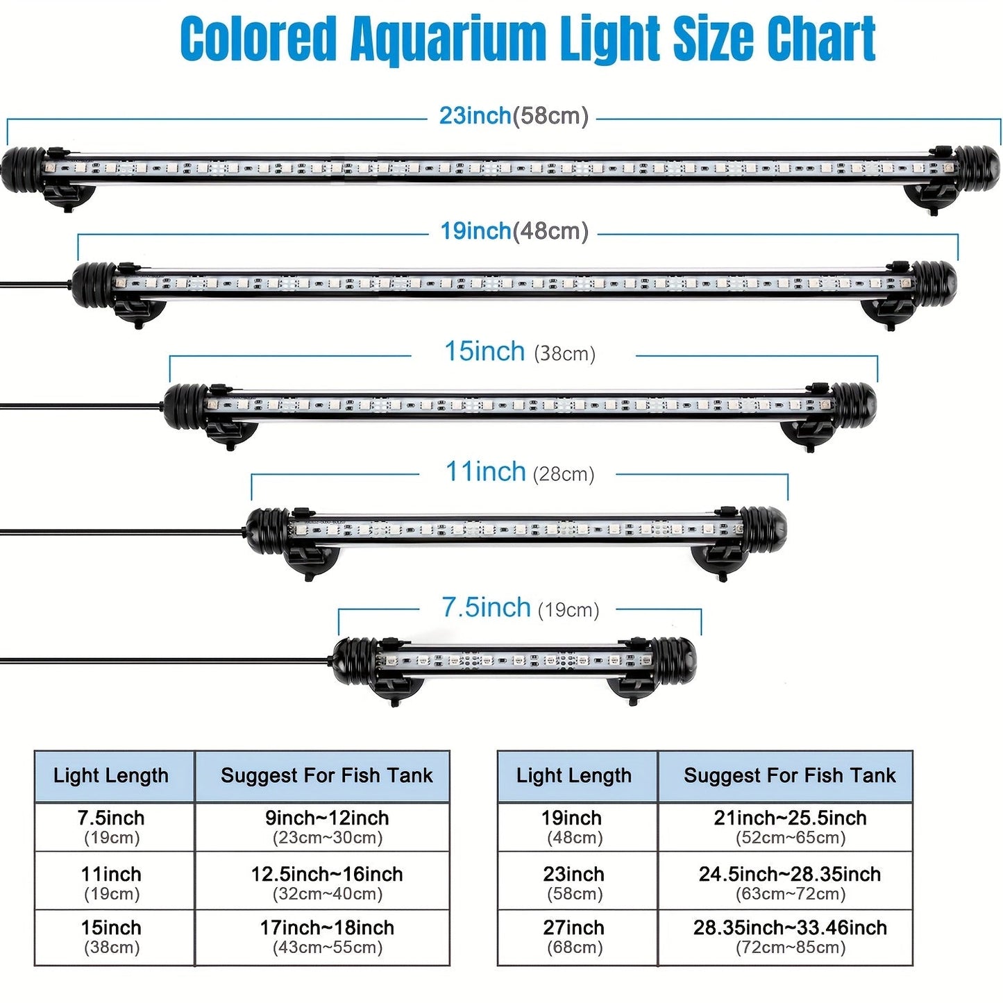 Submersible LED Aquarium Light Multicolor Underwater Fish Tank Light 7.5" to 35" - Multiple Sizes 9 to 66 LEDs for Freshwater Saltwater Aquarium Decoration