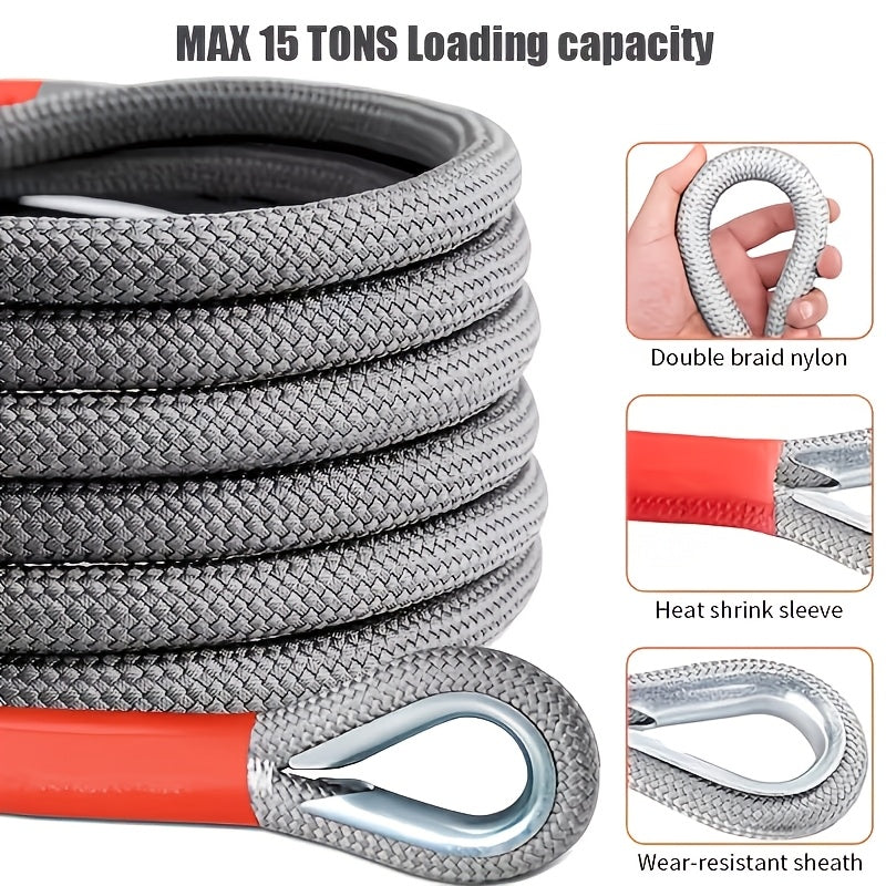 Heavy Duty Tow Rope & Hook Combo Set – 196.85" Nylon Recovery Rope 5/18/20 Ton with 2 Steel U-Hooks & Storage Bag, Off-Road Vehicle Recovery for Truck SUV UTV ATV Jeep, 3 Size Options