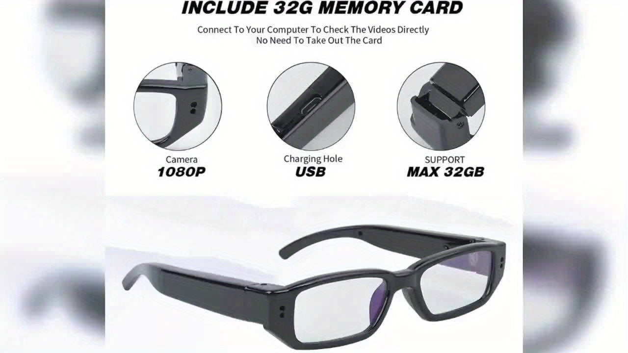 1080P HD Video Glasses Camera with TF Card Slot – Portable Digital Recorder, USB Powered, No Driver Required, for Sports, Outdoor Activities & Meetings, Includes 32GB TF Card