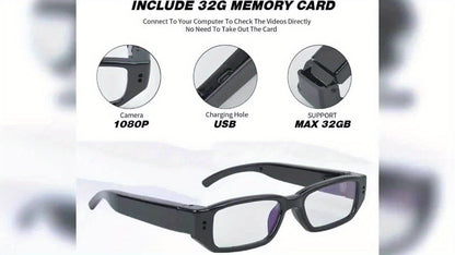 1080P HD Video Glasses Camera with TF Card Slot – Portable Digital Recorder, USB Powered, No Driver Required, for Sports, Outdoor Activities & Meetings, Includes 32GB TF Card
