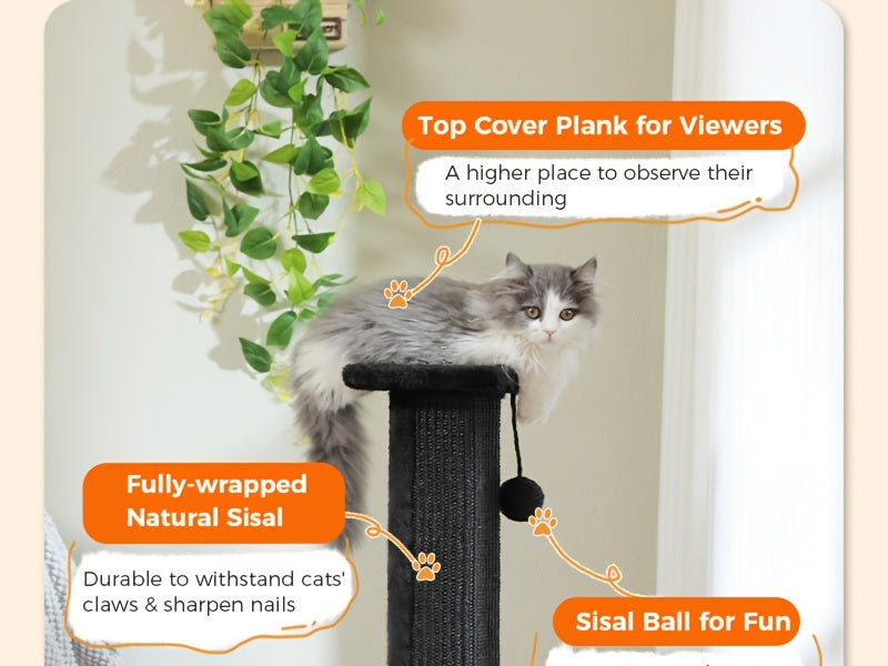 Cat Tree Tower Multi-Tier Sisal Scratching Post with Hanging Toys for Indoor Cats, Sturdy Cat Climbing Tower Activity Center for Energetic Cats, Available in Grey and Black