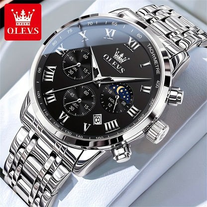 OLEVS Men's Luxury Stainless Steel Watch – Chronograph, Roman Numerals, Moon Phase Display, Luminous Analog Quartz Dress Watch for Men, 8 Color Options, Perfect Business & Gift Watch