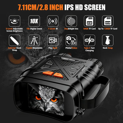4K Night Vision Binoculars for Adults – 10x Digital Zoom, 2.8" HD Screen, 7-Level IR Illuminator, 12MP Photo & Video, Rechargeable – Perfect for Hunting, Boating & Outdoor Exploration, Gift for Men