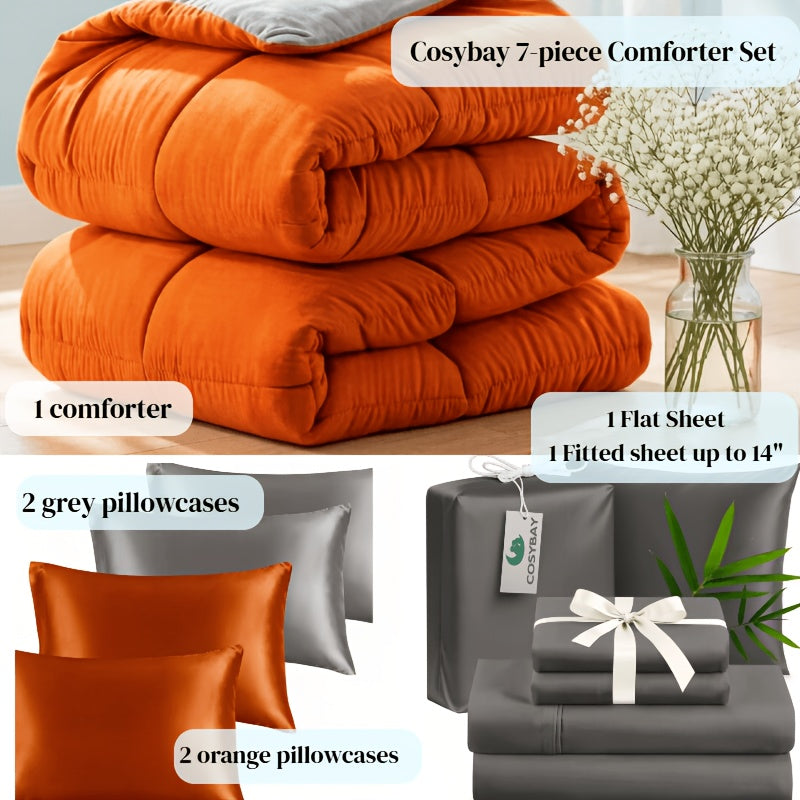 7 Piece Comforter Set Queen King Size – Soft Microfiber Pinch Pleated Bed in a Bag with Comforter, Fitted Sheet, Flat Sheet & 4 Pillowcases, All-Season Bedding Set for Home & Dorm