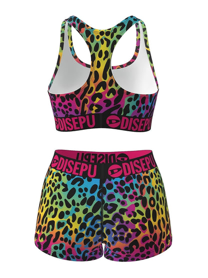 Women's Rainbow Leopard Print Workout Set – 2-Piece Sports Bra & High Waist Shorts Athletic Outfit for Yoga Gym Running Dance Festival, Colorful Activewear for Teens & Women Sizes S-XXL