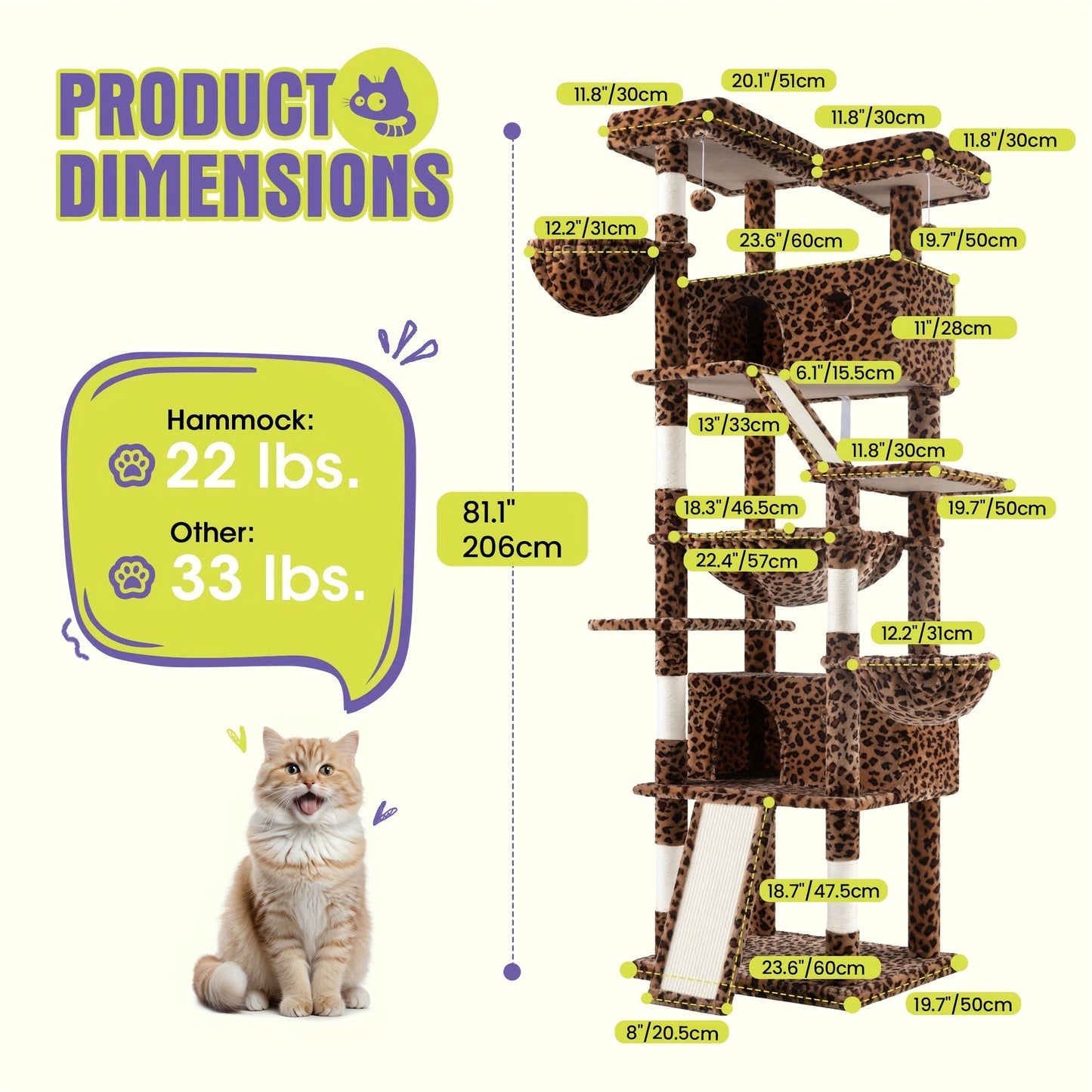 WEEWAY Corner Cat Tree Tower for Indoor Cats 36–81 Inch – Multi-Level Cat Furniture with Sisal Scratching Posts, Condo Cave, Hammock, Ramps, Plush Perches, Basket & Pompom Toys, Perfect Cat Gift