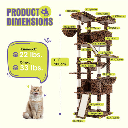 WEEWAY Corner Cat Tree Tower for Indoor Cats 36–81 Inch – Multi-Level Cat Furniture with Sisal Scratching Posts, Condo Cave, Hammock, Ramps, Plush Perches, Basket & Pompom Toys, Perfect Cat Gift
