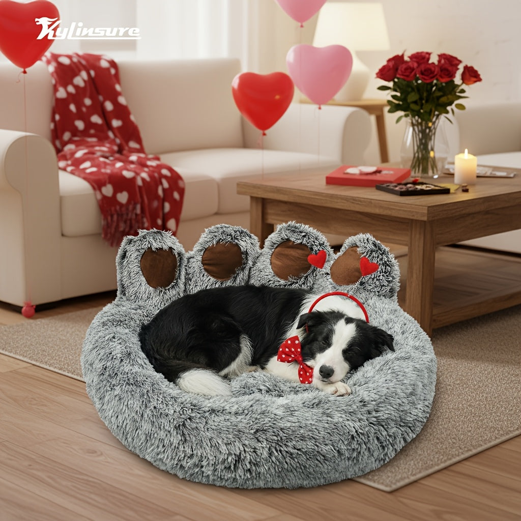 Bear Paw Shaped Donut Dog Bed & Cat Bed – Calming Warm Soft Plush Round Pet Mattress with Bonus Pet Scarf S M L XL 2XL Coffee Pink Grey Brown for Small Medium Large Dogs Cats