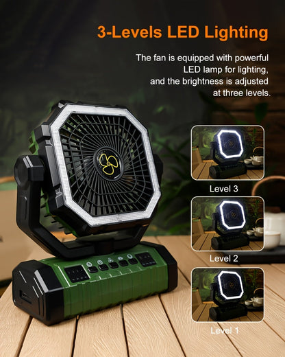 20000mAh Portable Camping Fan with LED Light – USB Rechargeable Outdoor Tent Fan for Hiking, Fishing & Camping – Durable Compact Design with Handle, Green & Orange