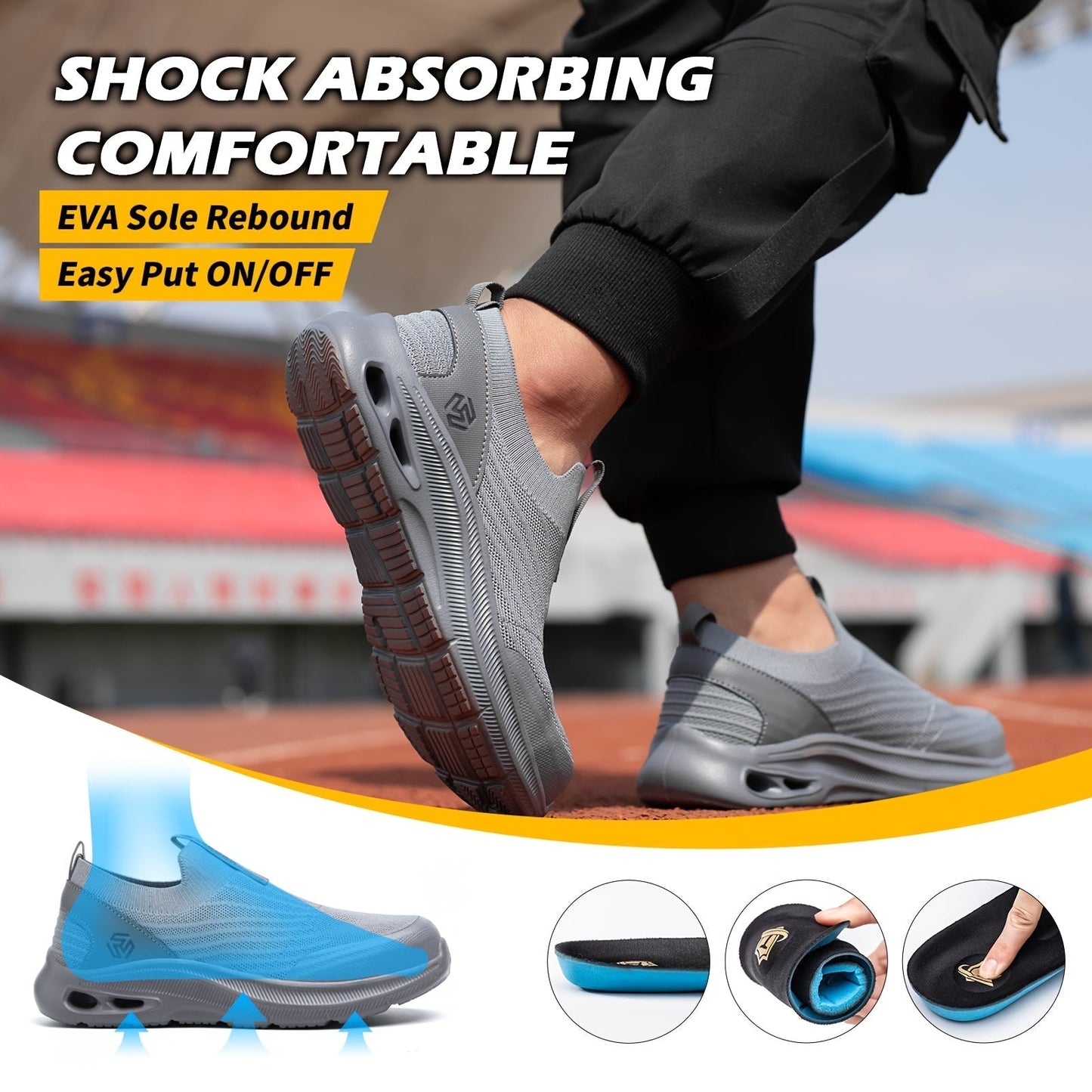 Steel Toe Work Shoes for Men Slip-On Lightweight Safety Sneakers Puncture-Resistant Non-Slip for Construction Warehouse Restaurant Black Grey Blue US 5.5-14