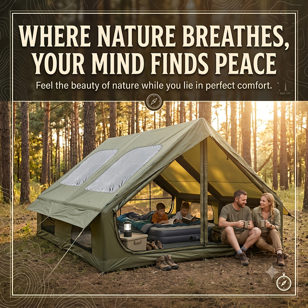 Inflatable Camping Tent 4-6 Person – 4-Season Luxury Air Tent with Manual Pump Easy Setup Windproof Glamping House for Family Outdoor Camping