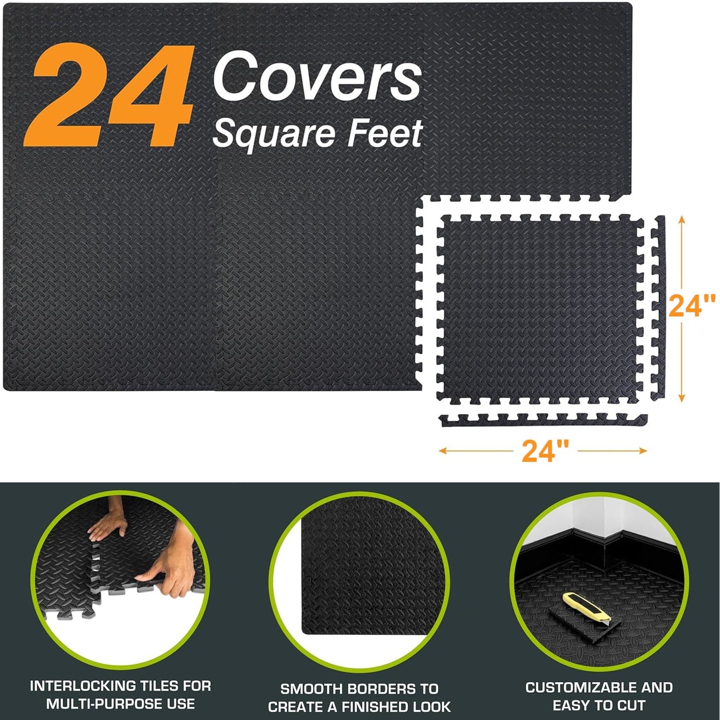 EVA Foam Puzzle Exercise Mat 24 SQFT 6-Tile Interlocking Floor Mat 24x24x0.5 Inch for Gym Garage Home Office Yoga Gymnastics Pilates Black