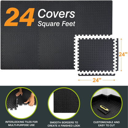 EVA Foam Puzzle Exercise Mat 24 SQFT 6-Tile Interlocking Floor Mat 24x24x0.5 Inch for Gym Garage Home Office Yoga Gymnastics Pilates Black